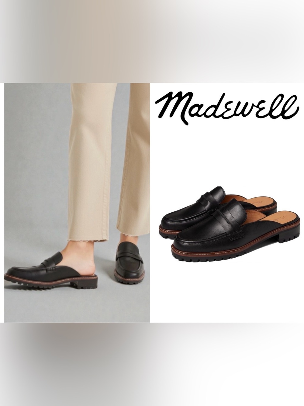 Madewell Corrine Black Leather Lug-Sole Slip On Mule Loafers